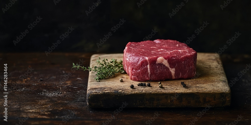 Poster raw steak elegantly displayed on a wooden board against a dark backdrop. this red meat shines on the