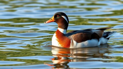 Fototapeta premium Colorful duck swims gracefully in tranquil pond under bright sunlight in a serene natural setting