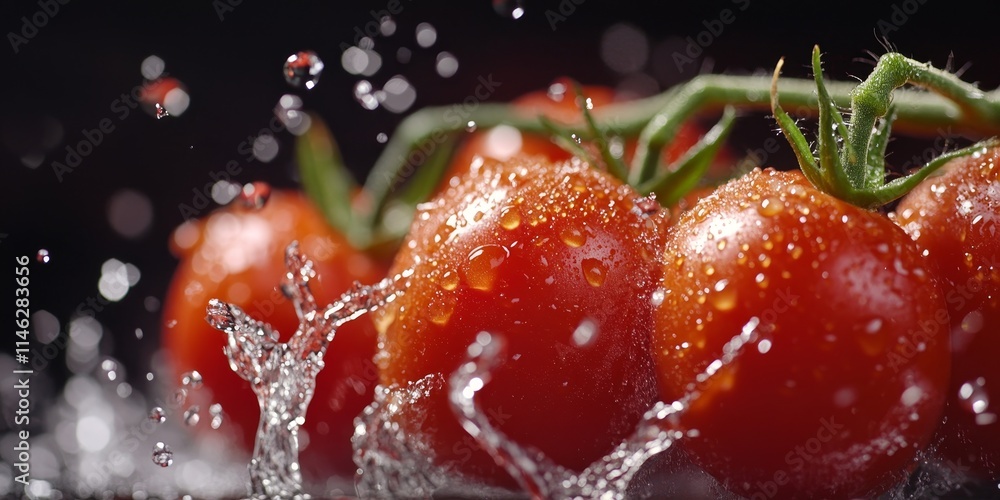 Poster close up shot of tomatoes, also known as solanum lycopersicum, showcasing vibrant colors with water 
