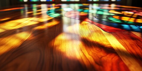 A wooden table surface emphasizes the stunning allure of stained glass found within the interior of the church, showcasing the beauty of both elements.