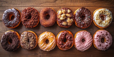 Delicious donuts arranged artfully on a rustic wooden table, showcasing various flavors and toppings that make these tasty donuts irresistible and perfect for any sweet indulgence.