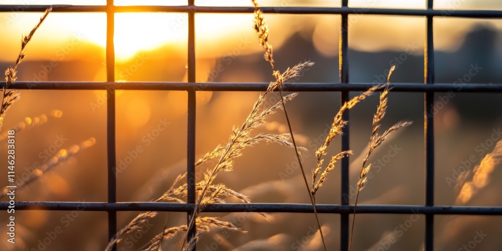 Poster dried grass with bent stems can be seen growing through a metal fence in this close up image. this c