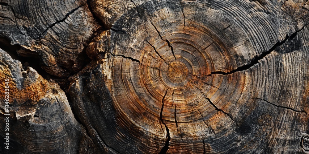 Aufkleber closeup of an ancient cut tree showcasing intricate textures and patterns, highlighting the beauty a