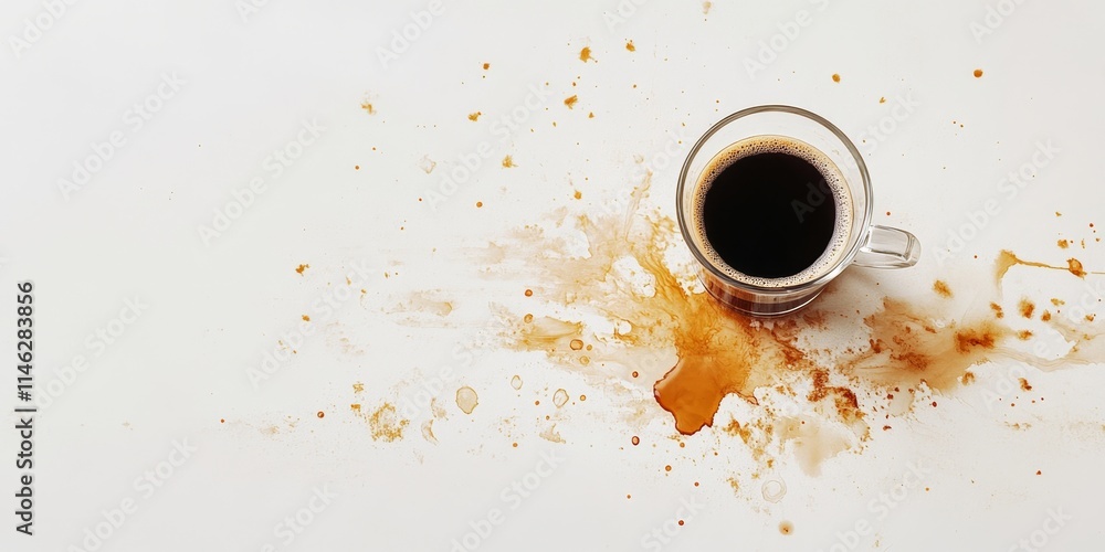 Poster a puddle of coffee creates an intriguing pattern on a white surface, while a small glass espresso cu