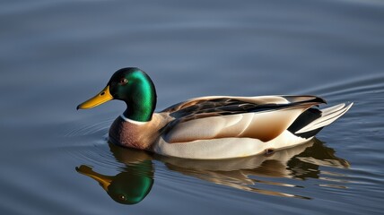 Obraz premium Mallard duck swimming gracefully on calm water during daylight hours in a tranquil setting