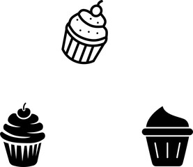 Set of black cupcakes, muffin logo. Pastry shop logo. Vector illustrations isolated on white background. Can be used as icon, sign or symbol - cupcake silhouette, cake, sweet pastries, muffin.