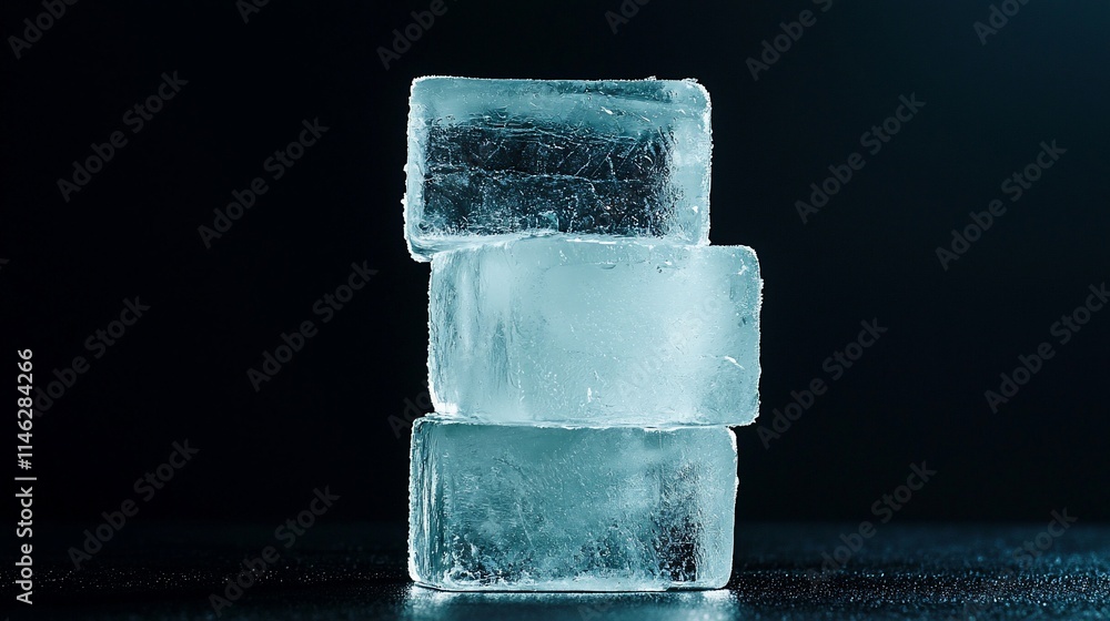 Aufkleber stack of three translucent ice cubes on dark background.