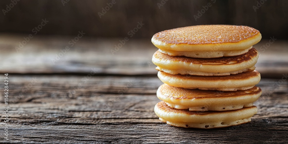 Poster close up view of a delightful stack of mini pancakes served on a rustic wooden table, showcasing the