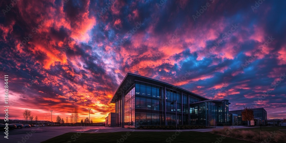Poster colorful sunset clouds create a stunning backdrop for the building in this captivating photo, showca