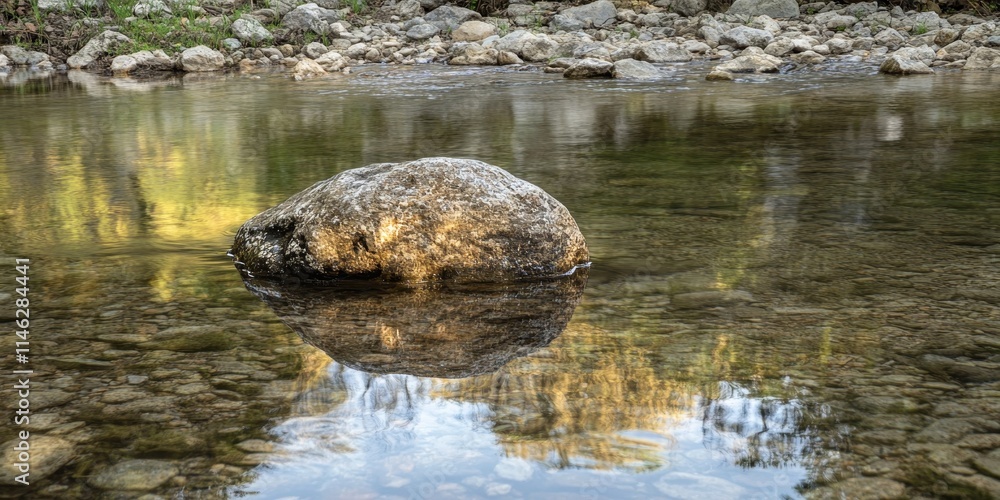 Poster rock in stream with reflection, showcasing a serene stream where the rock is mirrored beautifully in