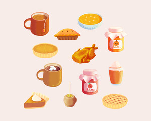 Set of hand drawn autumn food and beverage