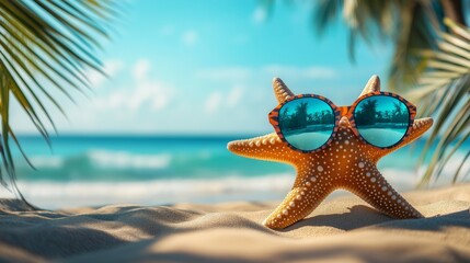 Starfish relaxing on sandy beach with sunglasses on a sunny day