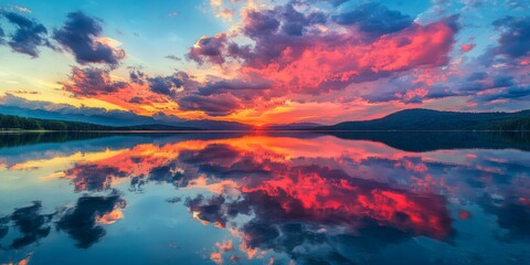 Fototapeta premium Colorful sky and clouds reflected in the lake at sunset create a stunning view. This serene sunset highlights the beauty of color in the sky and clouds above the lake.