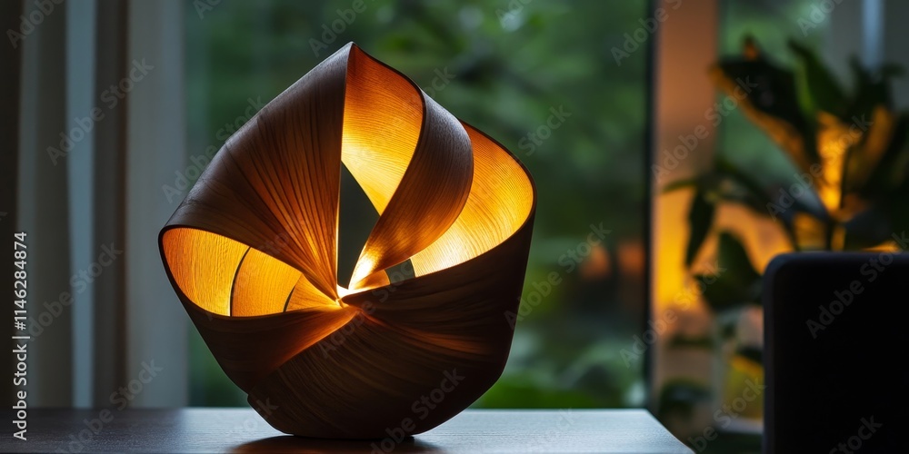 Poster unique handmade wooden spiral lamp showcasing intricate craftsmanship, perfect for adding a touch of