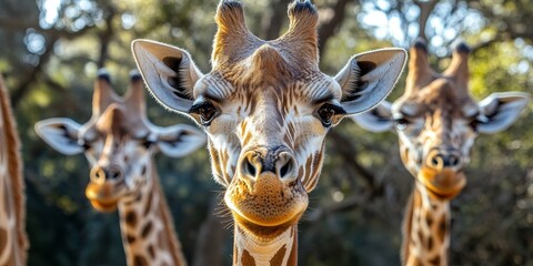 Close up view of a female southern giraffe alongside other southern giraffes, showcasing their unique features and social behavior in a natural setting. Southern giraffes are fascinating creatures.