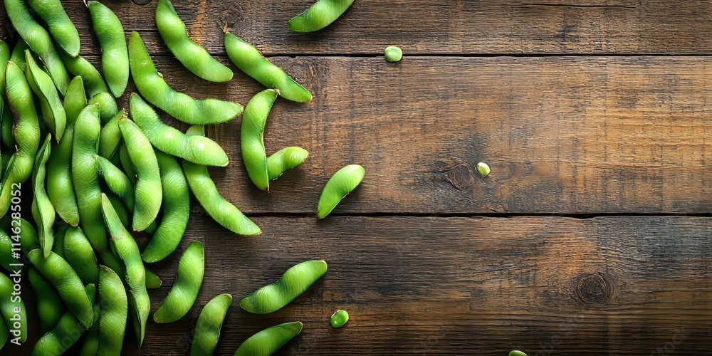Aufkleber organic edamame beans displayed on a wooden table in a flat lay arrangement, showcasing the vibrant 