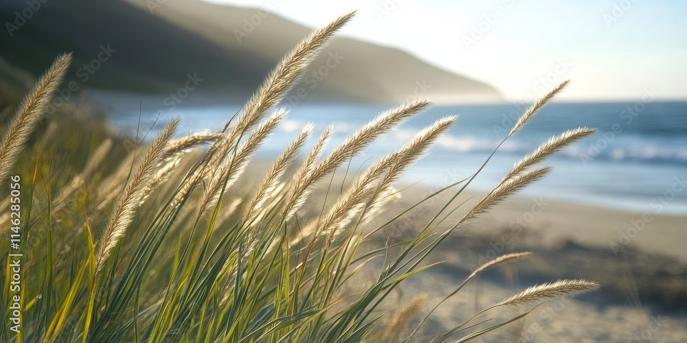 Poster backlit grass stems create a captivating scene along a coastal area, showcasing the beauty of grass 