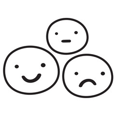 Three faces with different emotions. Sad, happy, neutral. Outline vector illustration on white background.