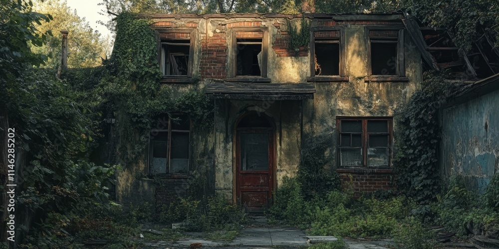 Poster a weathered and decaying abandoned building showcasing its old architecture in a secluded setting, highlighting the charm of an old ruined abandoned building through its remarkable features