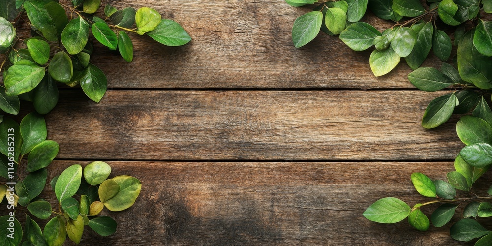 Aufkleber old wood plank background featuring abstract natural green leaves, ideal for creative product displa