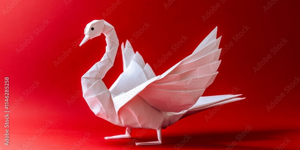 Poster elegant origami swan displayed against a vibrant red background, showcasing the intricate artistry o