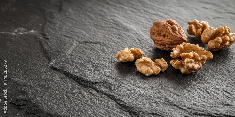 Poster cracked walnut shell on a dark slate table creates a striking composition of healthy nuts and seeds.