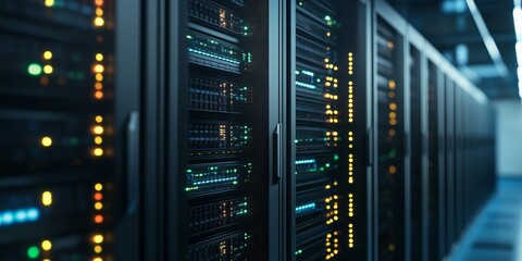 Close up of a server rack featuring supercomputer hardware within a large data center, showcasing advanced technology for efficient big data processing and management in a modern environment.