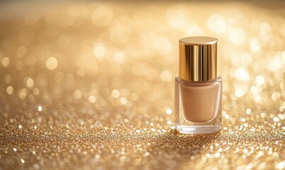 A bottle of tan nail polish sits on a gold background
