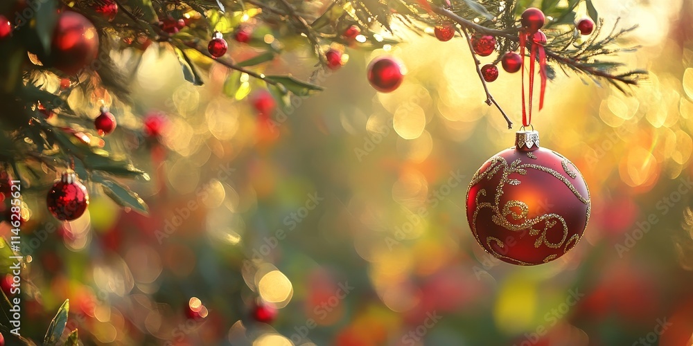Aufkleber christmas ball adorned with ribbons hanging on a tree, surrounded by a bright and blurred natural ga