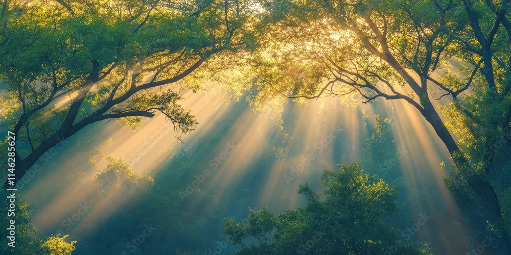 Aufkleber Sunlight rays filter through tree branches, creating a beautiful play of light among the trees. The trees are illuminated by the warm rays of sunlight, enhancing the natural beauty of the scene.