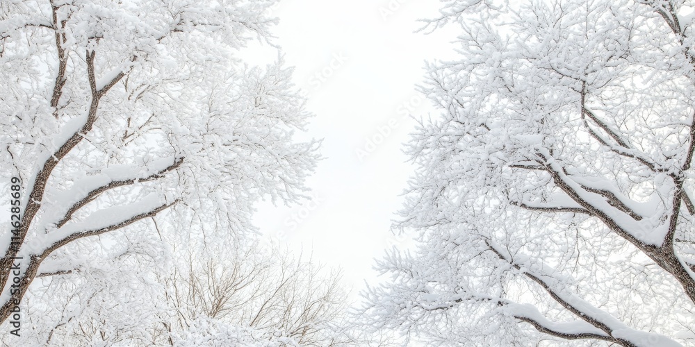Poster snow covered branches of trees set against a bright white sky create a winter wonderland scene. this