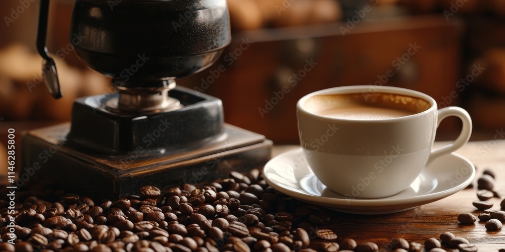 Poster coffee grinder and beans create a rich background, complemented by a cup of coffee. this scene highl