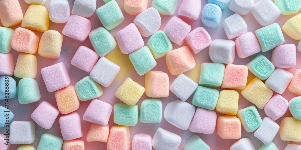 Poster Pastel colored marshmallow treats create a delightful, colorful marshmallows candy background. This sweets pattern showcases an array of different colorful candy, perfect for a vibrant design.