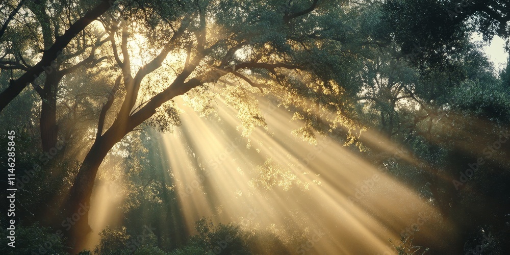 Aufkleber Sunlight rays filter through tree branches, creating a beautiful play of light among the trees. The trees are illuminated by the warm rays of sunlight, enhancing the natural beauty of the scene.