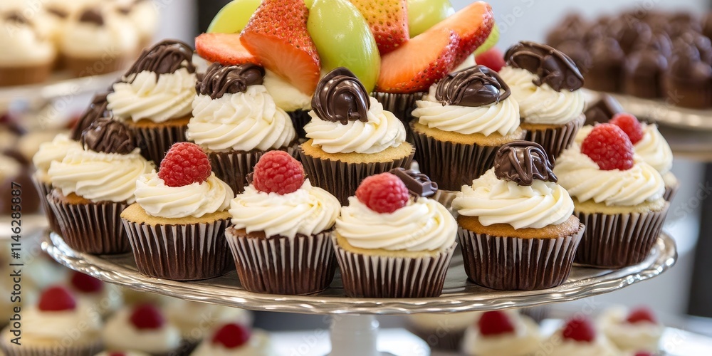 Poster A tiered tray showcases an array of cupcakes adorned with fresh fruit and delightful chocolate decorations, creating a visually appealing display of treats.