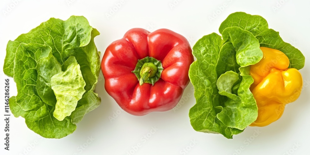 Aufkleber lettuce leaf and pepper arranged on a white background, showcasing the fresh and vibrant colors of l