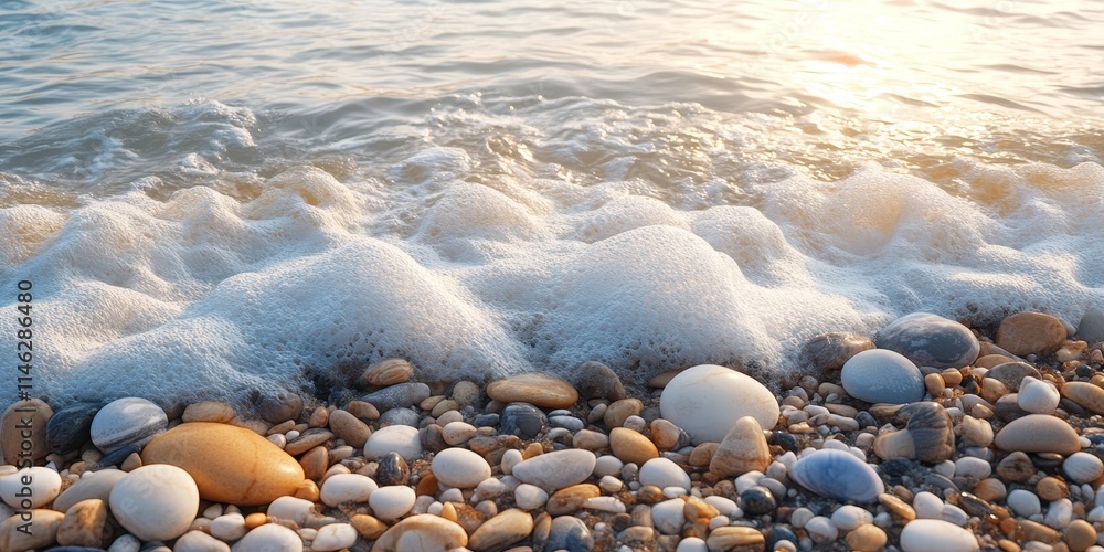 Poster serene sea shore featuring gentle waves, frothy foam, and smooth pebbles, creating a tranquil atmosp