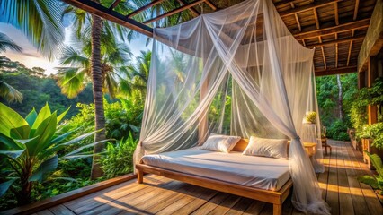 Mosquito Net Attached to Bed with Tropical Background and Wooden Deck, Serene Sleeping Space