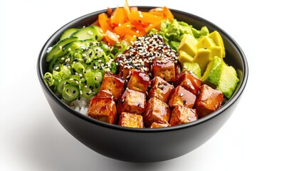 Fototapeta premium A black bowl of food with tofu, avocado, and vegetables