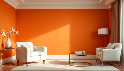 Sophisticated Living Room Design: Cream Armchair Against Orange Backdrop with Soft Ambient Light
