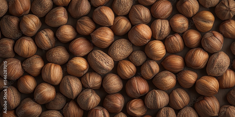 Poster A detailed background and texture featuring hazelnuts in their shells, highlighting the unique patterns and earthy tones of these natural elements, ideal for artistic and culinary applications.