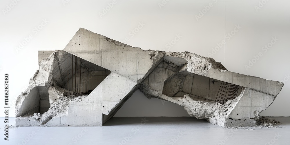 Poster Large concrete fragments showcasing the remains of a structure with exposed rebar, set against a white background, emphasize the raw beauty of these concrete fragments in an artistic way.