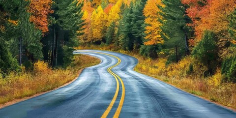Fototapeta premium A scenic country road winds through a vibrant pine forest, showcasing the stunning autumn colors that create a picturesque country road experience in nature s beauty.