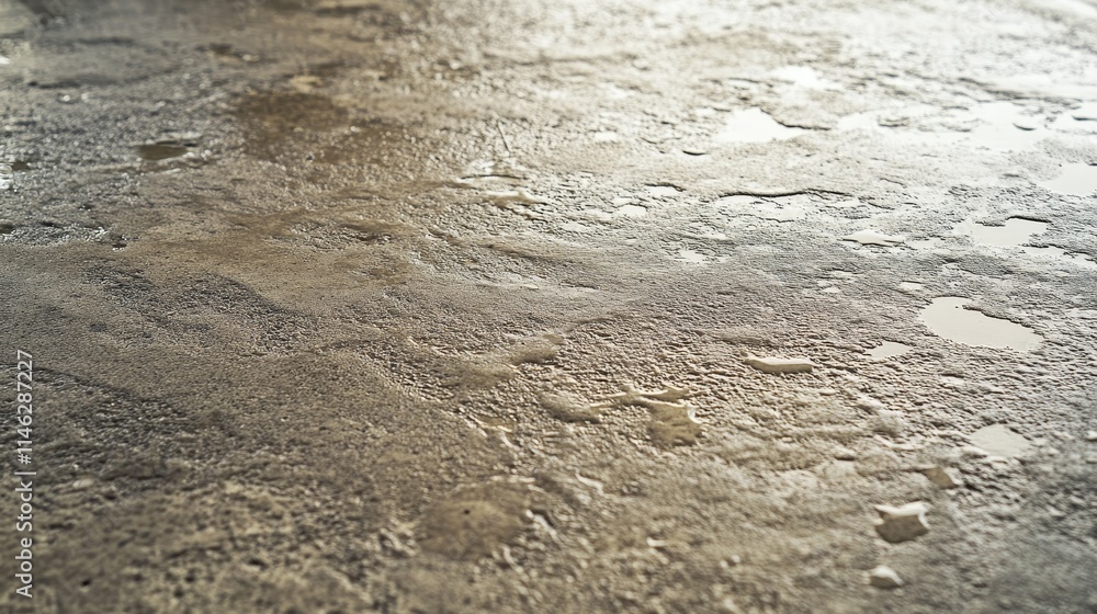 Poster Raindrops create distinct patterns on the concrete floor during rainfall, showcasing the beauty of rain as drops fall and interact with the textured surface of concrete.