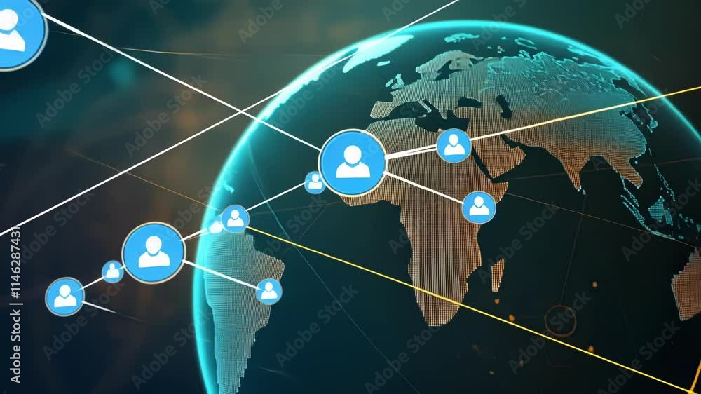 Poster orange and teal lines are connecting continents across planet earth, representing global data exchan
