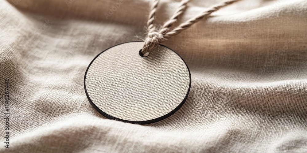 Poster Closeup of a circular tag with space for text on beige fabric, showcasing an elegant design. This circle shaped tag provides a versatile option for text display on fabric.