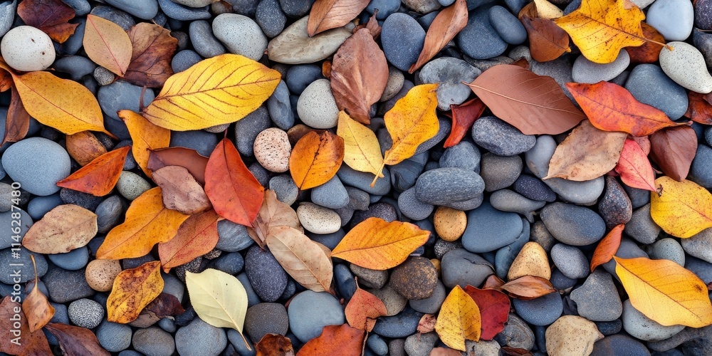 Poster a vibrant pile of dry leaves rests on the pebbles, creating a beautiful contrast the dry leaves add 