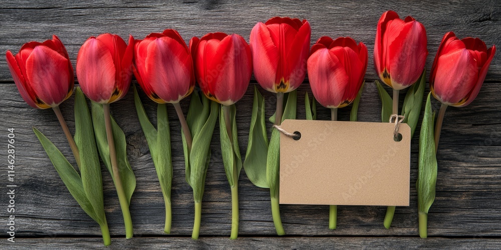 Poster valentine s day red tulips elegantly arranged with a blank tag on a rustic wooden background, perfec