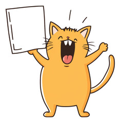 Obraz premium Cute cartoon cat holding a blank sign, expressing joy and playfulness., isolated on a transparent background.