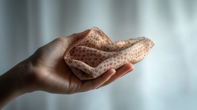 Closeup of a Hand Gently Holding a Delicate Beige and Rust-Colored Floral Patterned Silk Scarf - Powered by Adobe